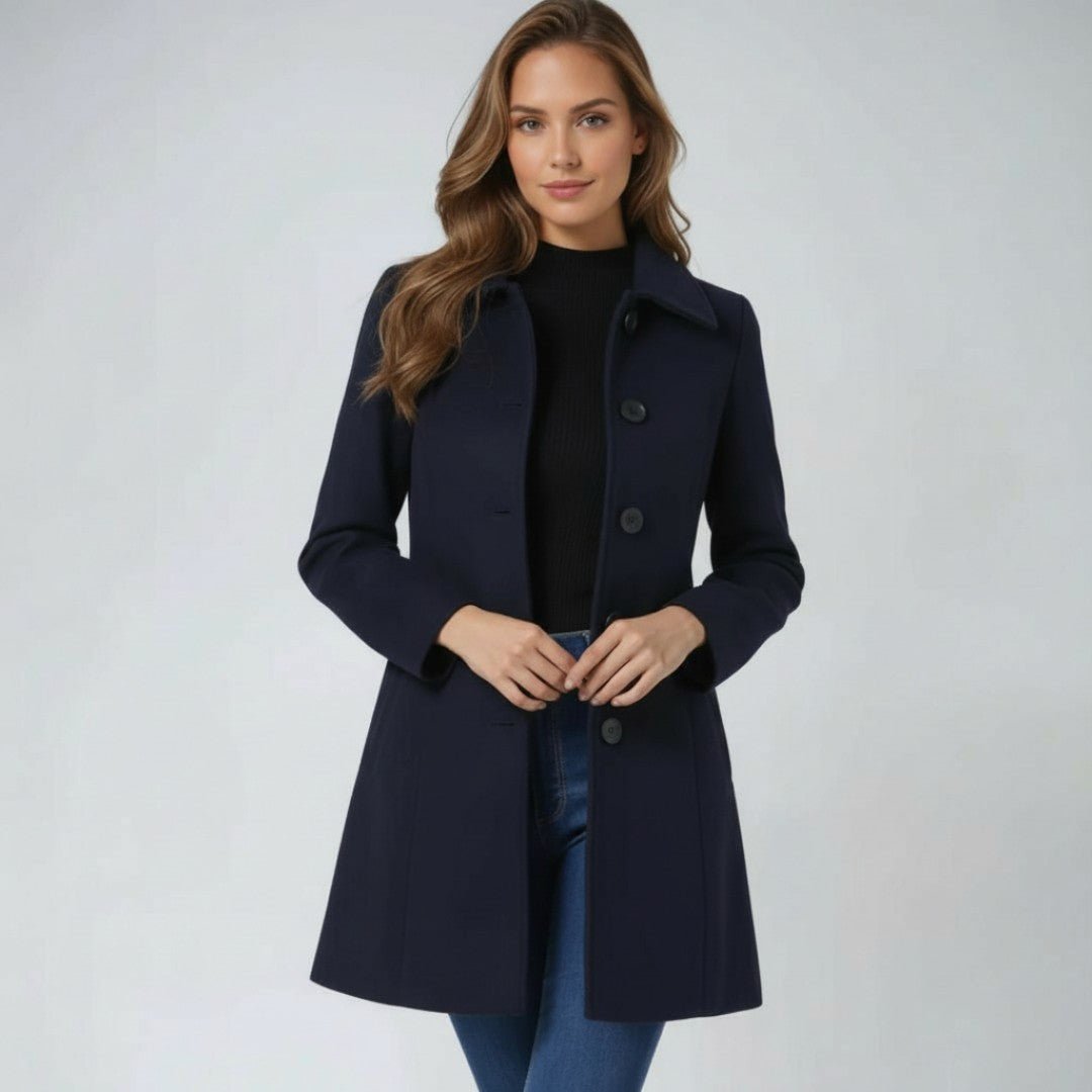 Damski długi płaszcz zimowy z klasycznym frontem - Niebieski