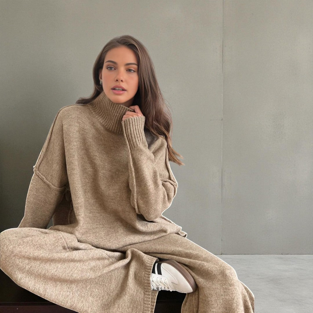 Damski komplet dzianinowy z golfem - Khaki