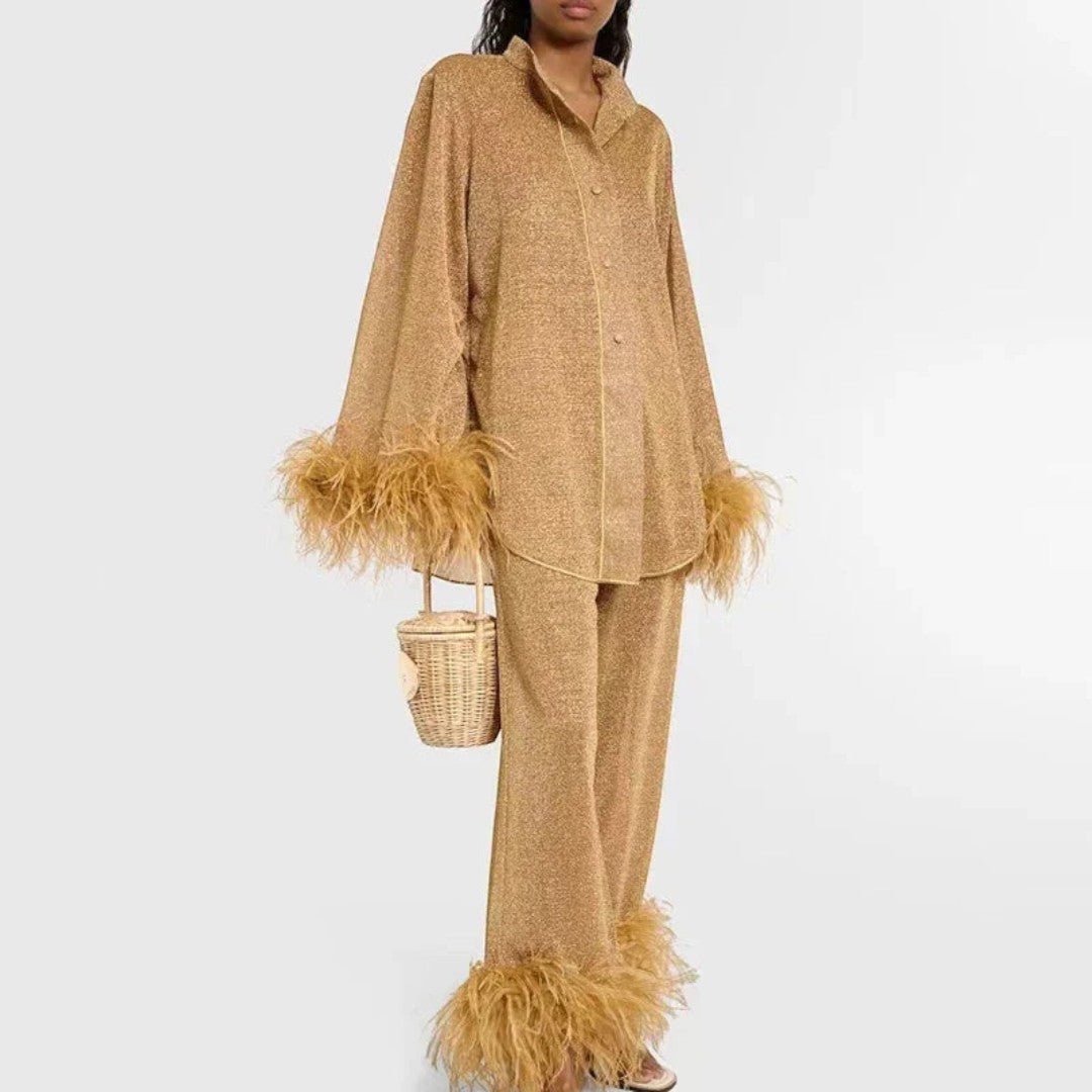 Damski komplet z brokatowym wykończeniem i piórami - Beżowy