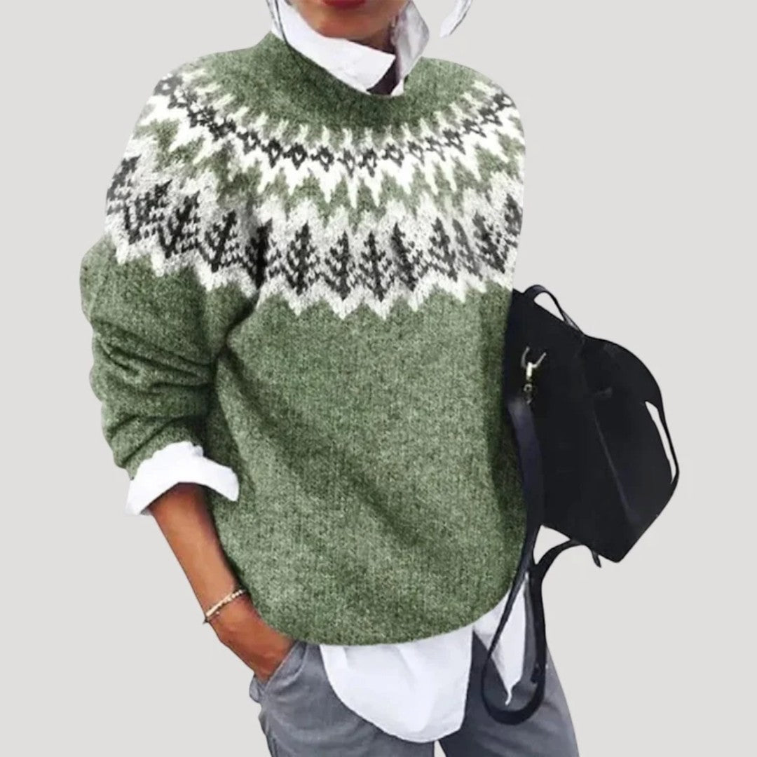 Damski sweter Fair Isle z okrągłym dekoltem - Zielony
