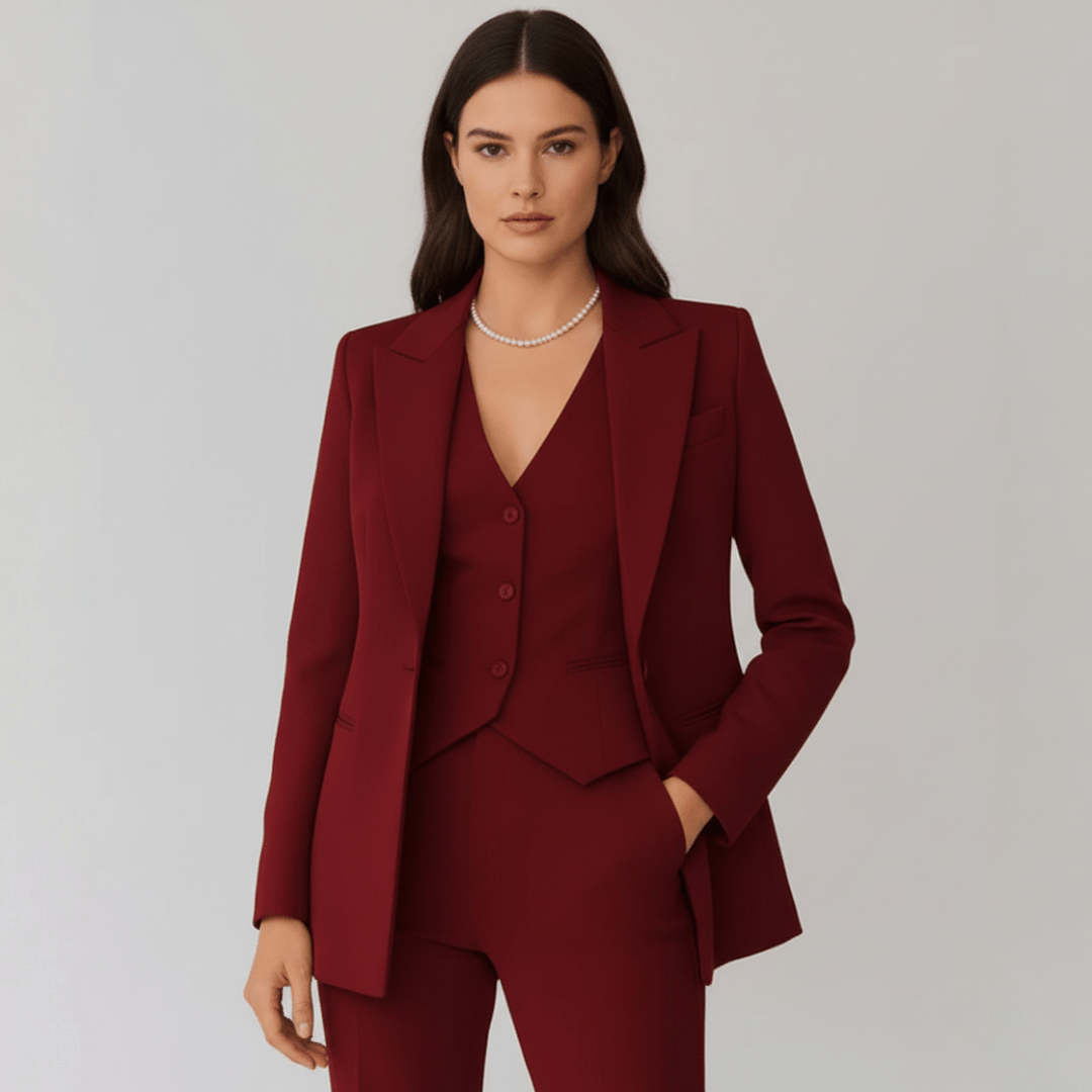 Damski trzyczęściowy zestaw z marynarką kamizelką i spodniami - Czerwony