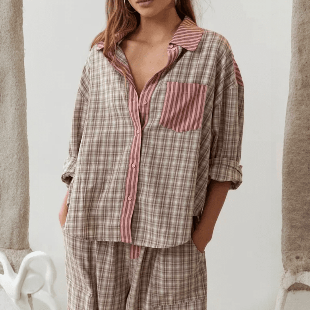 Damski zestaw piżamowy z zapięciem na guziki - Różowy