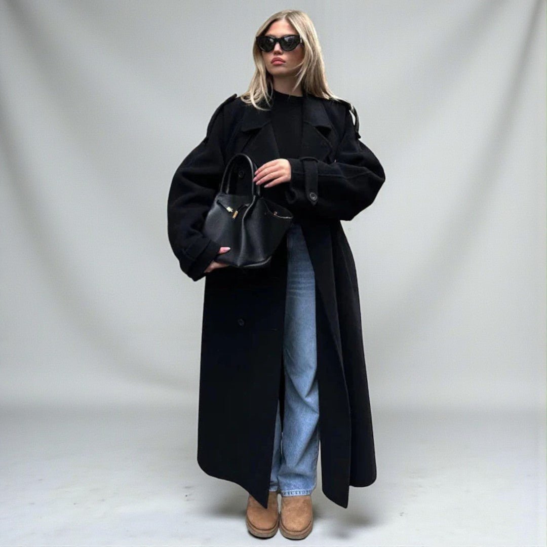 Damski zimowy płaszcz trench oversize z dwurzędowym frontem - Czarny