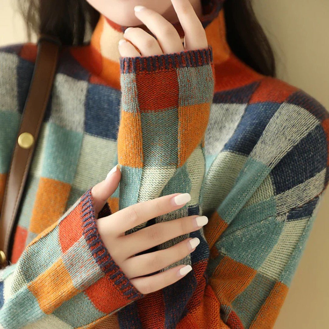 Damski zimowy sweter w kratę - Wielokolorowy