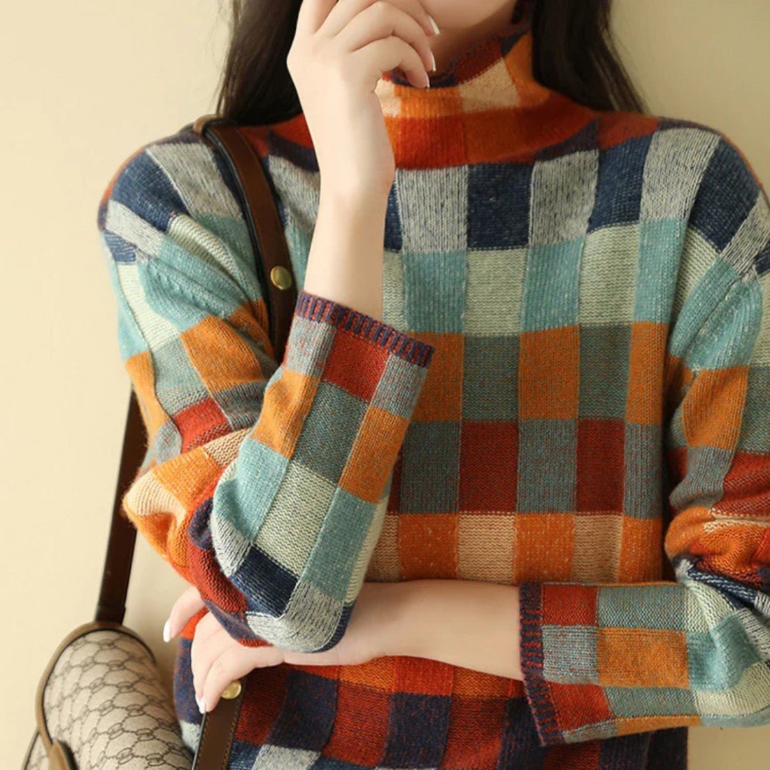 Damski zimowy sweter w kratę - Wielokolorowy