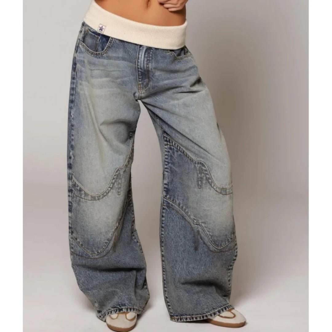 Damskie jeansy baggy z paskiem w talii - Jasnoniebieski