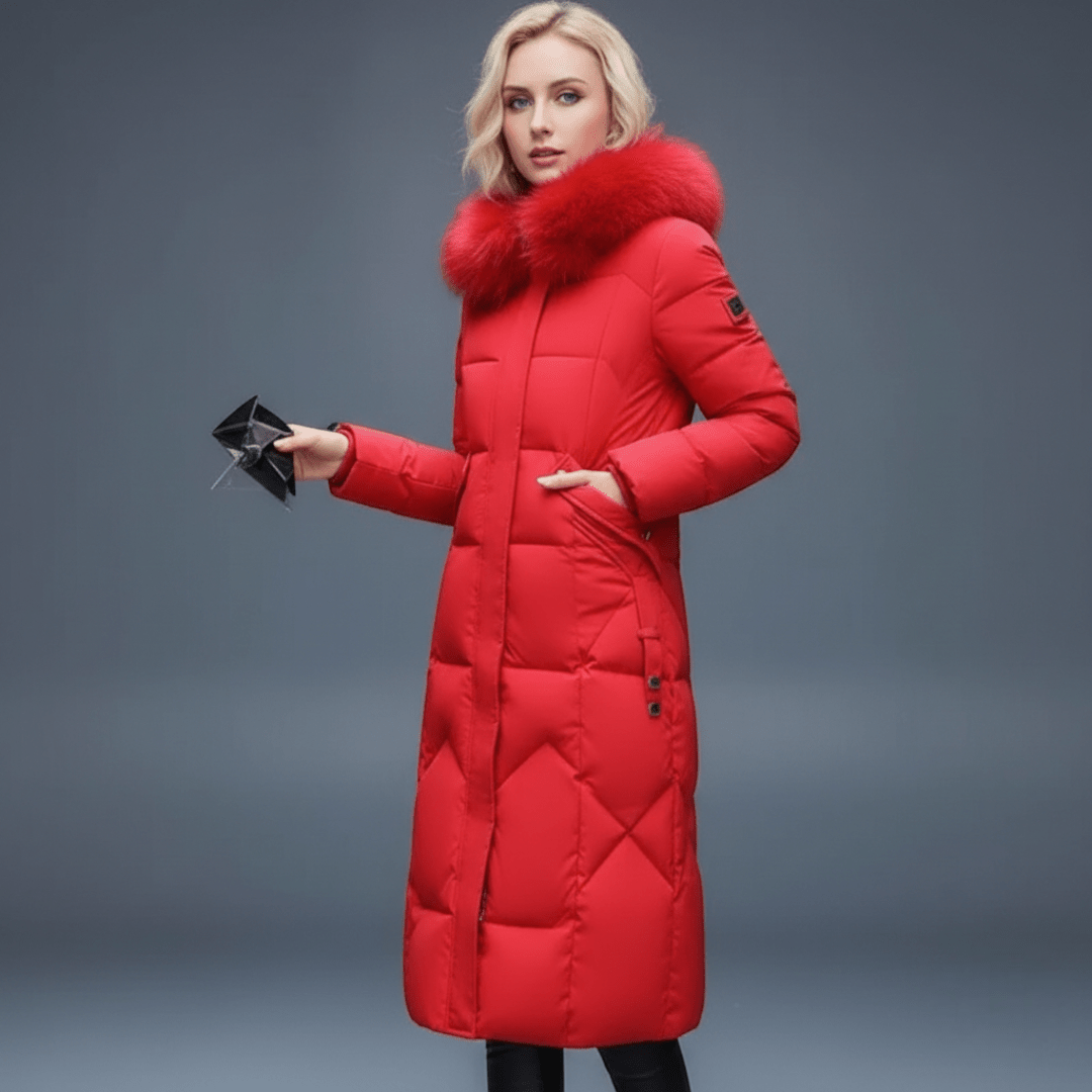 Długi damski płaszcz zimowy z regulowanym kapturem - Czerwony