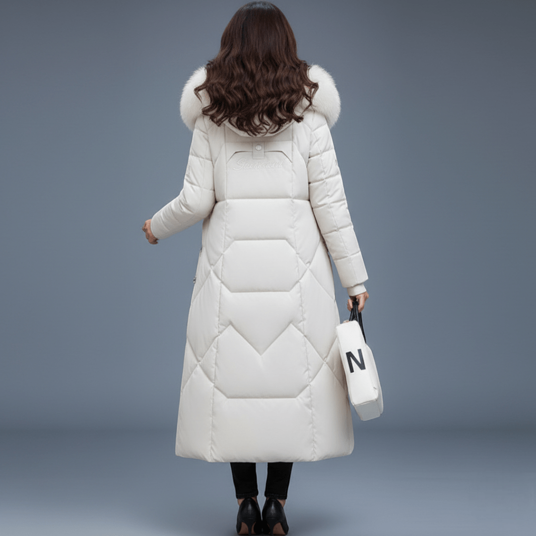 Długi damski płaszcz zimowy z regulowanym kapturem - Khaki