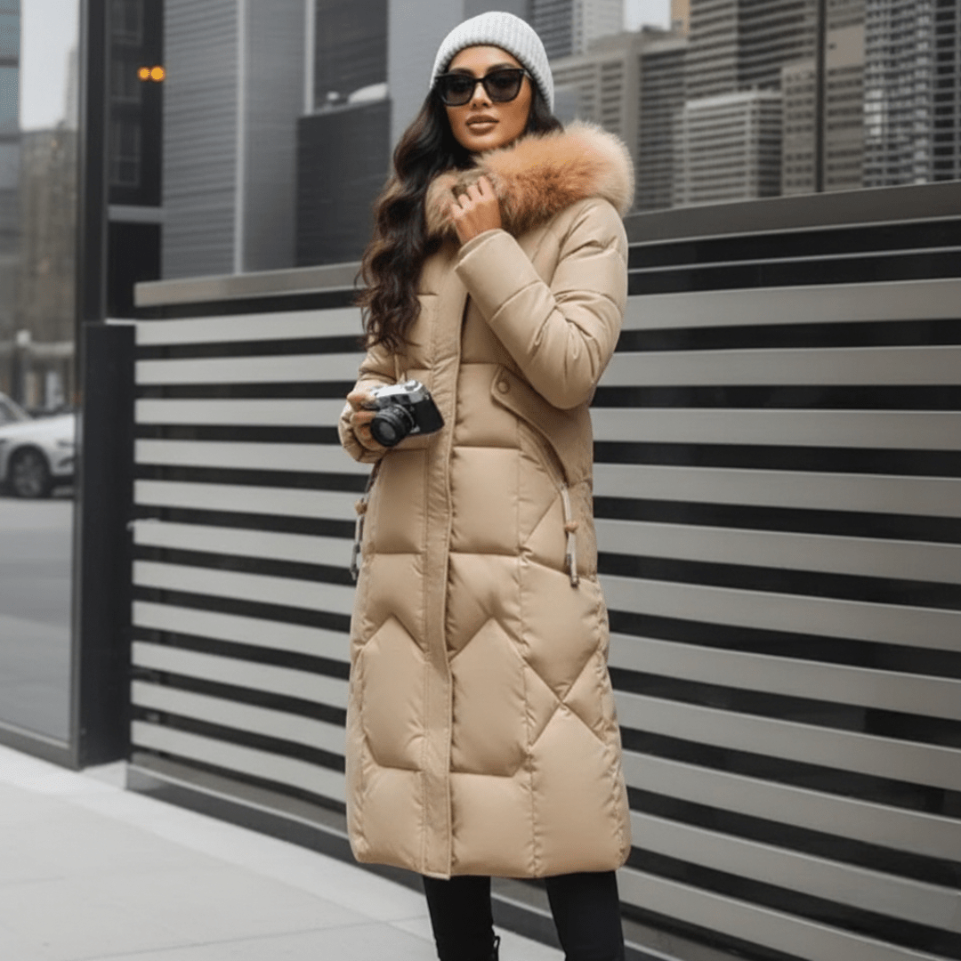 Długi damski płaszcz zimowy z regulowanym kapturem - Khaki