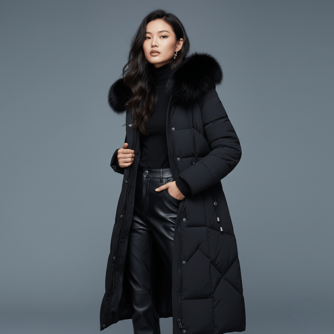 Długi damski płaszcz zimowy z regulowanym kapturem - Czarny