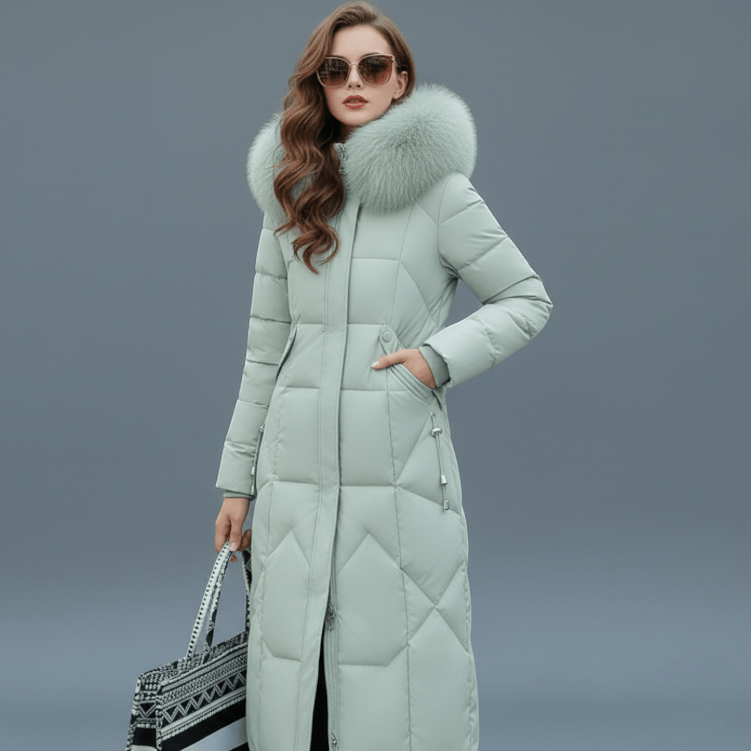 Długi damski płaszcz zimowy z regulowanym kapturem - Zielony