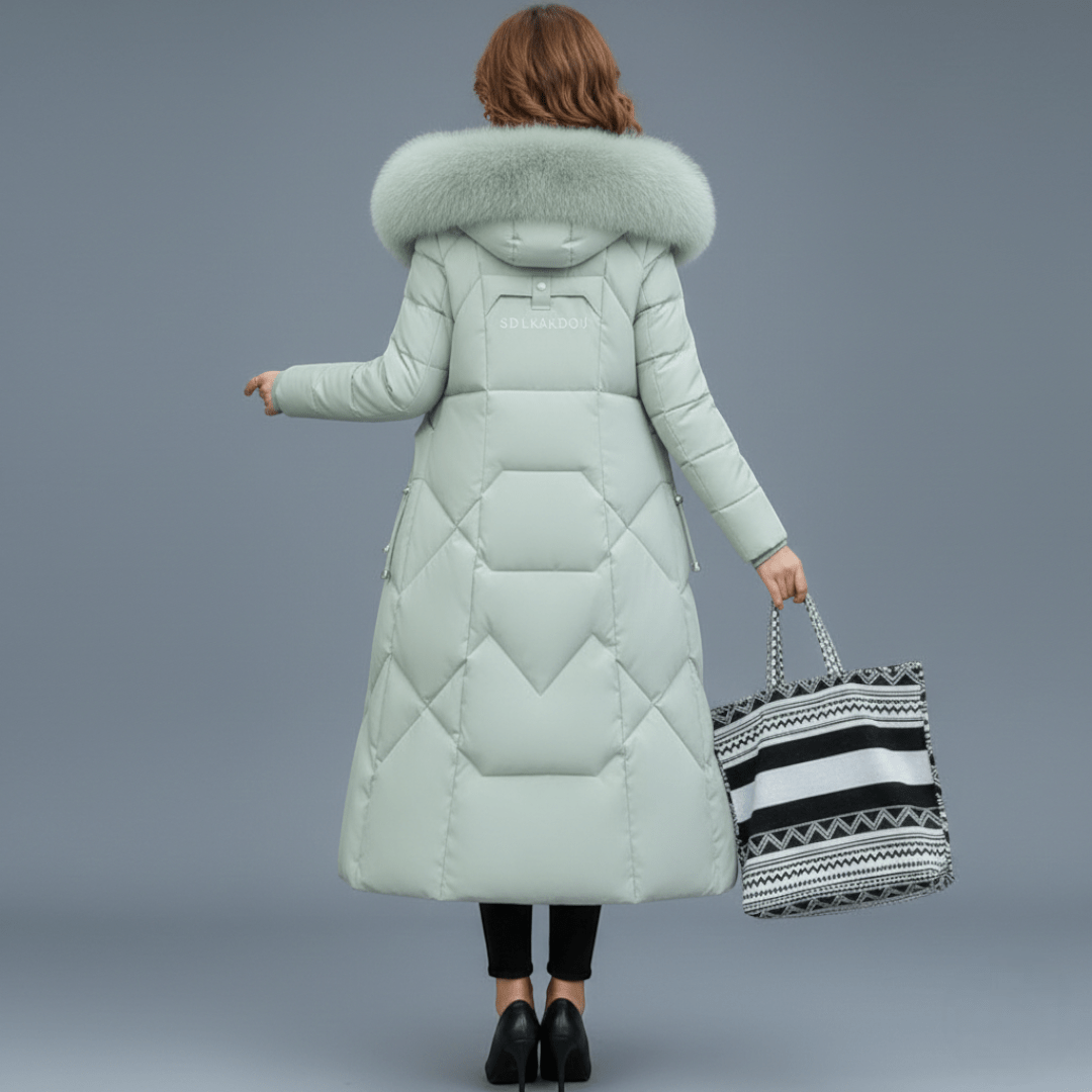 Długi damski płaszcz zimowy z regulowanym kapturem - Zielony