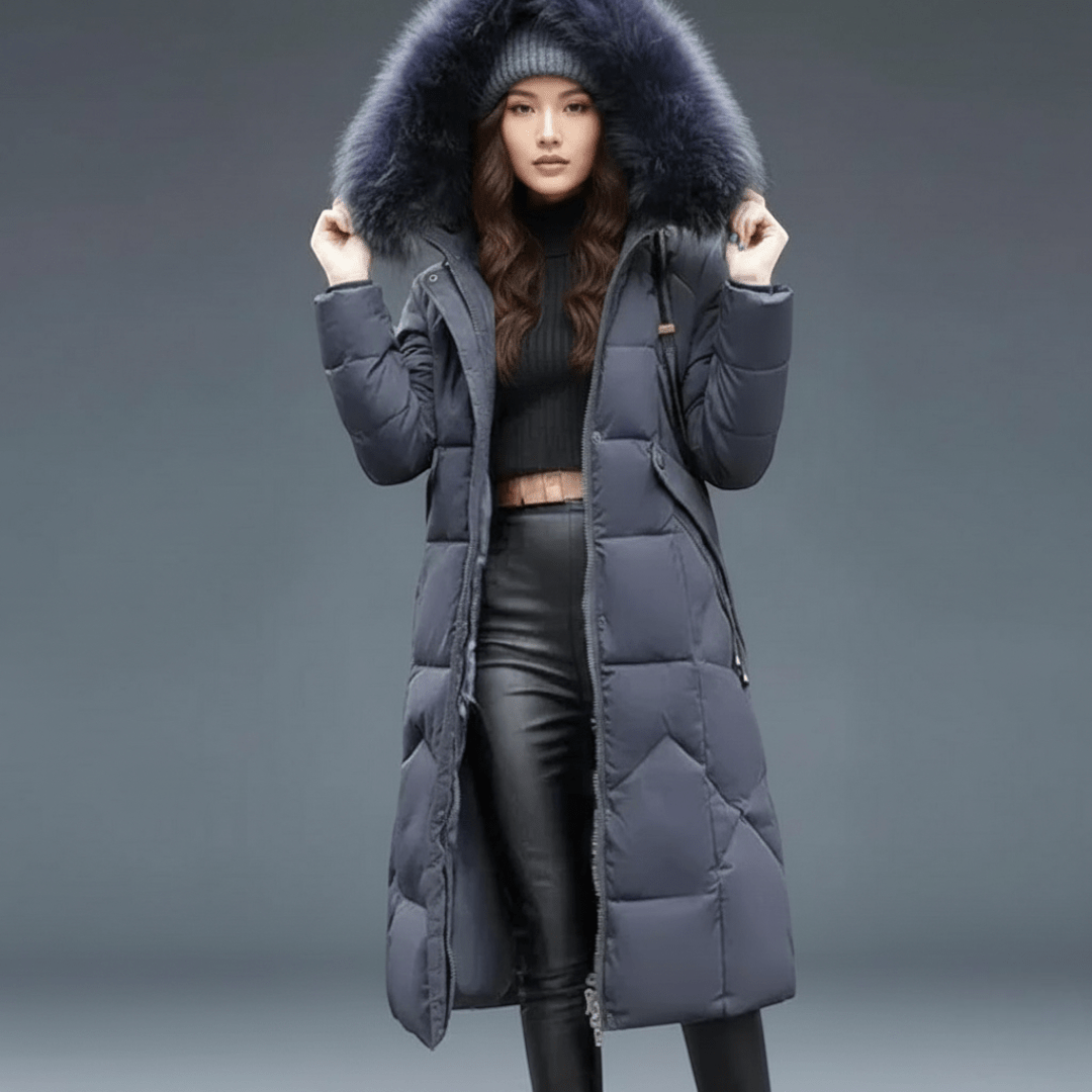 Długi damski płaszcz zimowy z regulowanym kapturem - Szary