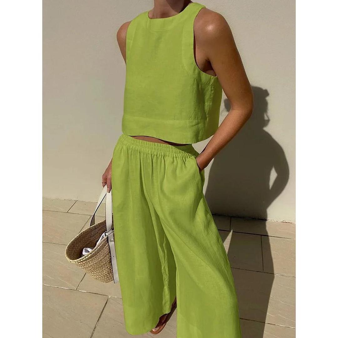 Komplet Damski Z Topem Bez Rękawów I Szerokimi Spodniami