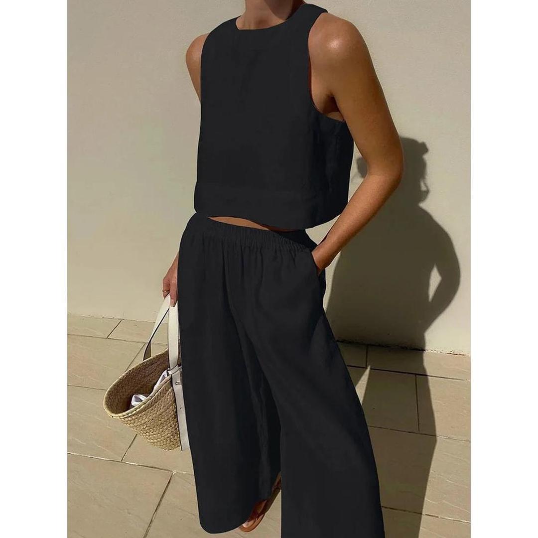 Komplet Damski Z Topem Bez Rękawów I Szerokimi Spodniami