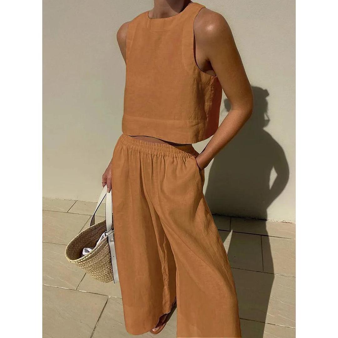 Komplet Damski Z Topem Bez Rękawów I Szerokimi Spodniami