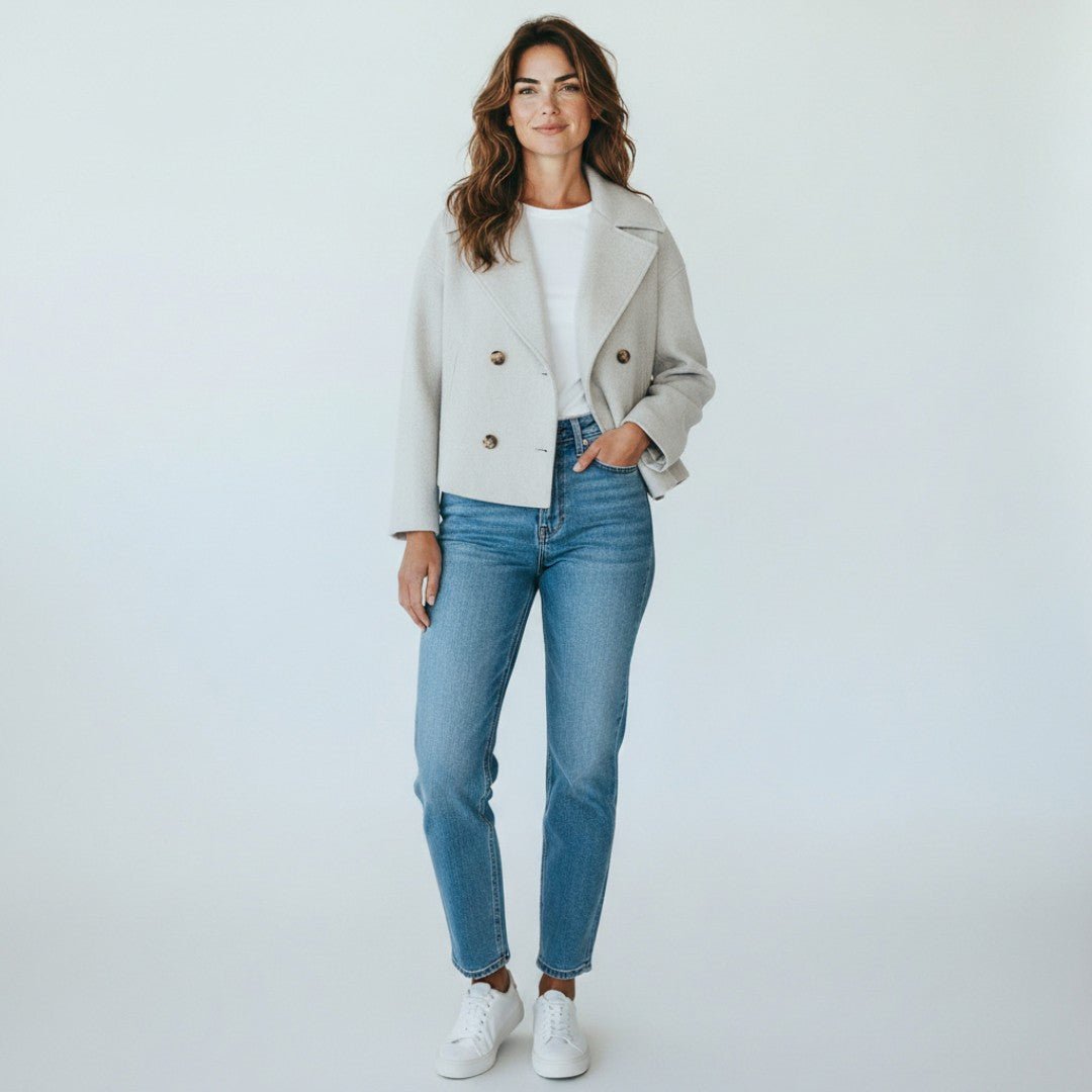 Krótki damski zimowy płaszcz typu double - breasted - Beżowy