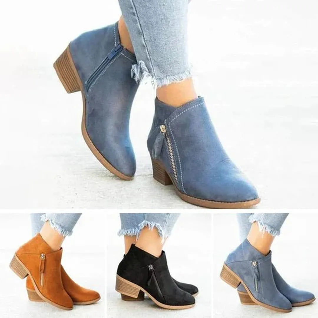Niskie botki damskie z zamkiem i solidnym obcasem - Beżowy