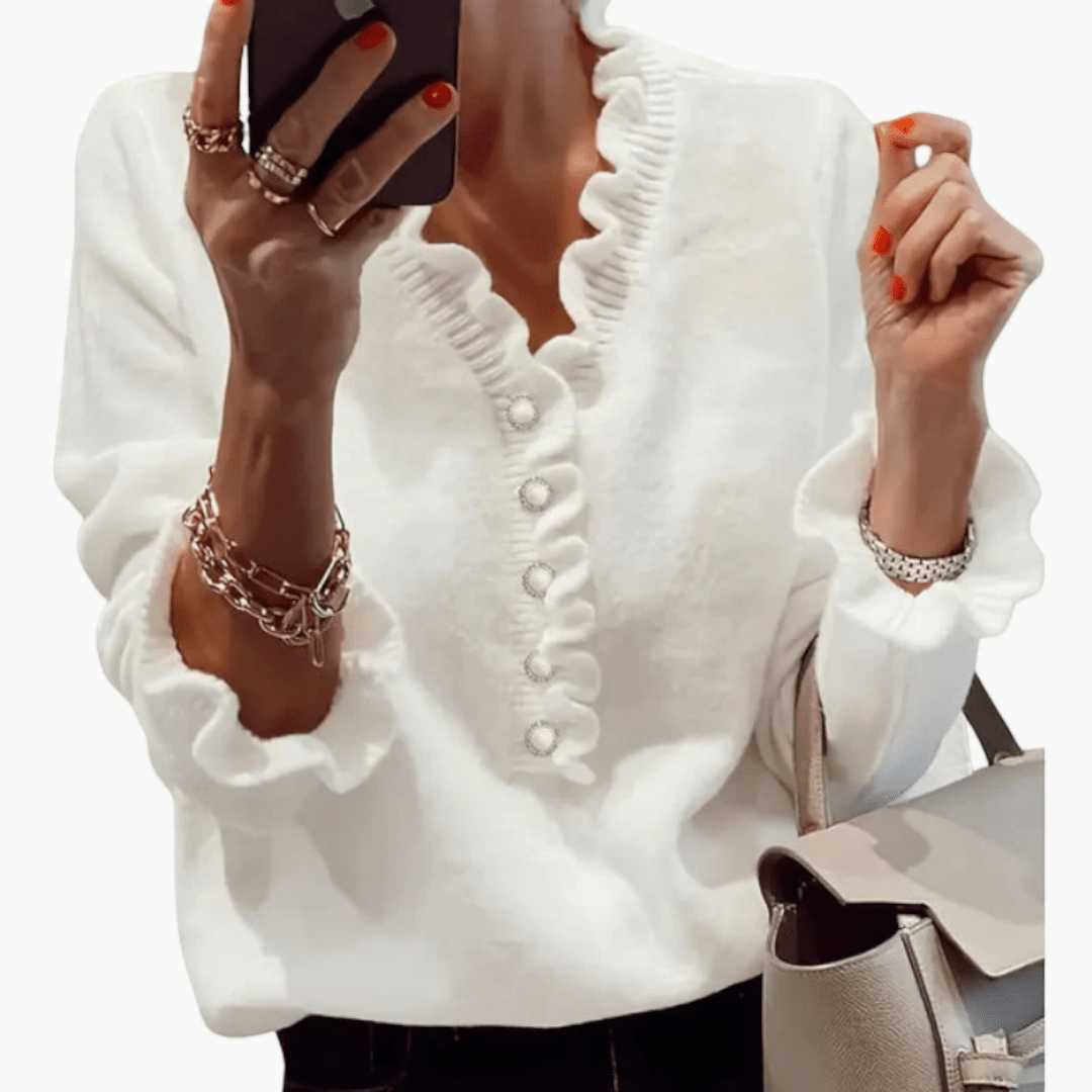 Sweter damski z długim rękawem, kołnierzem i guzikami - Biały