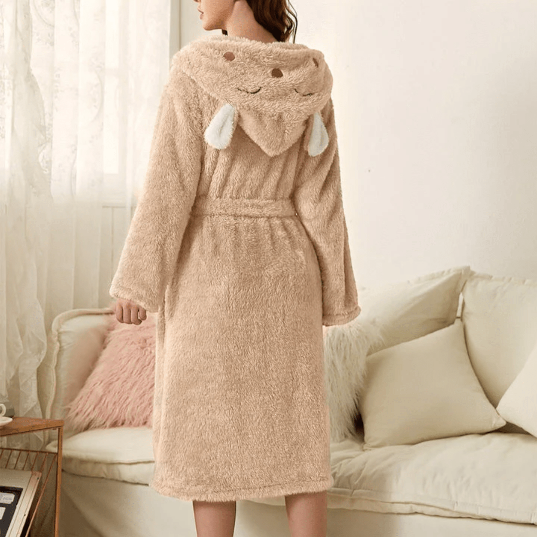 Szlafrok damski z kapturem oraz kieszeniami - Beżowy