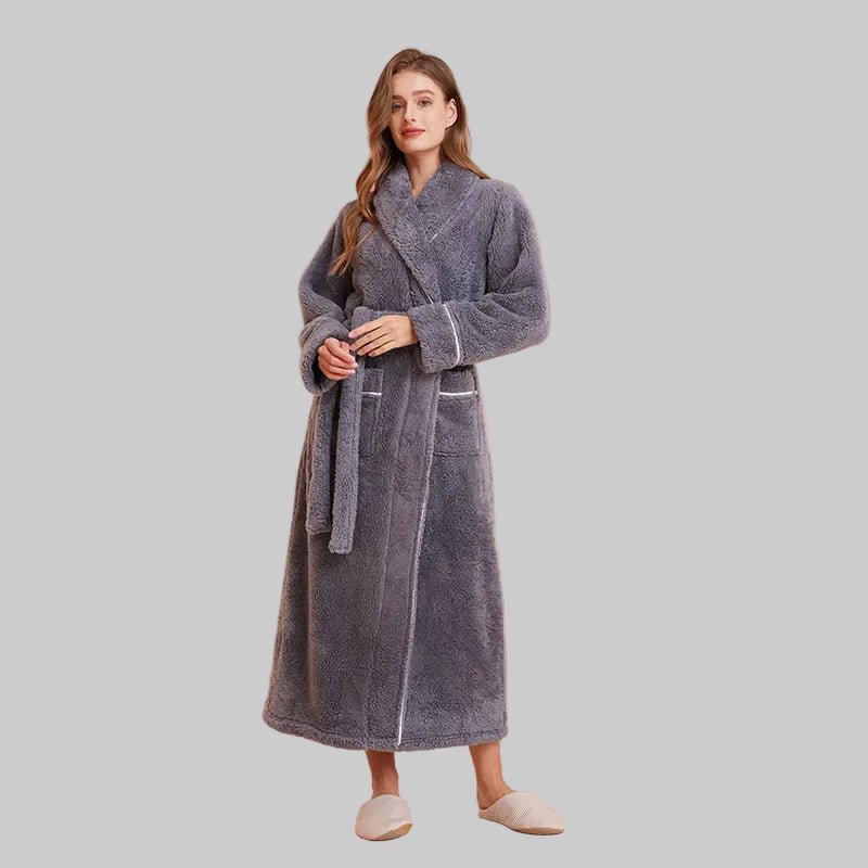 Szlafrok Damski z Paskiem i Klasycznym Kołnierzem - Szary