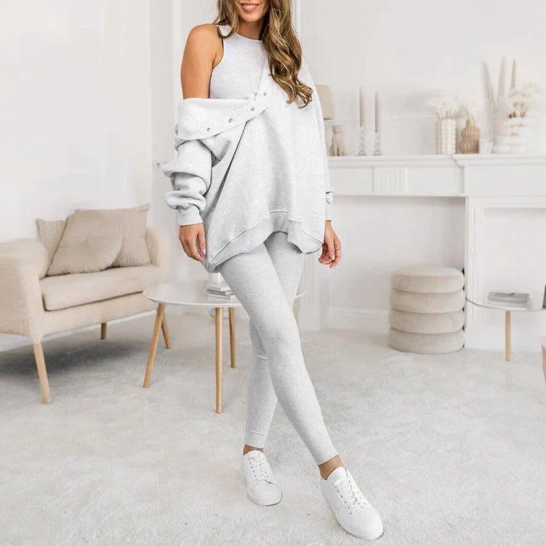 Trzyczęściowy zestaw damski z asymetrycznym swetrem, topem i legginsami - Różowy