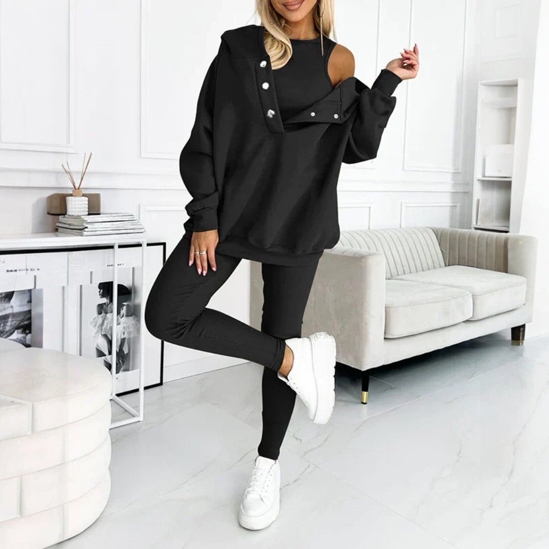 Trzyczęściowy zestaw damski z asymetrycznym swetrem, topem i legginsami - Czarny
