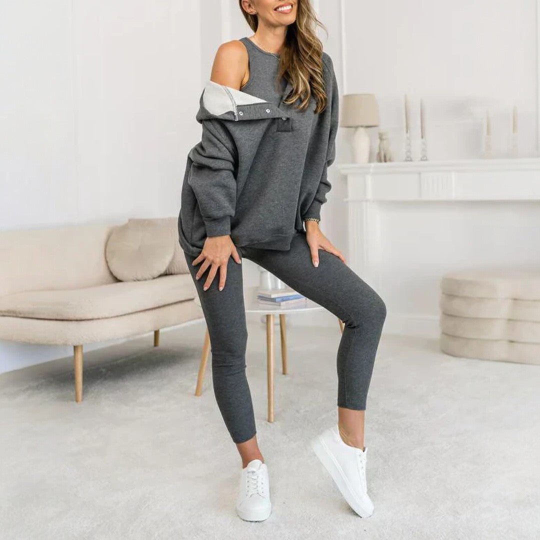 Trzyczęściowy zestaw damski z asymetrycznym swetrem, topem i legginsami - Różowy