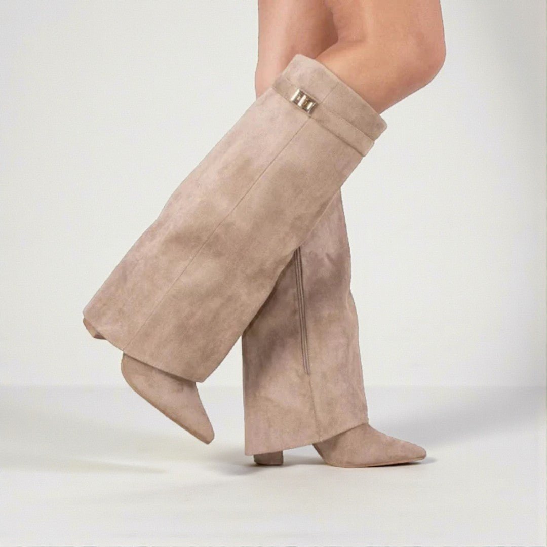 Wysokie kozaki damskie z detalem typu flap - Beżowy styl A